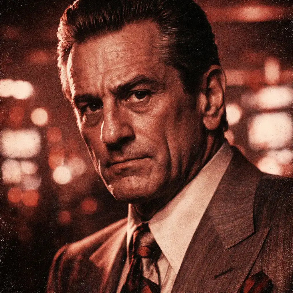 Portrait of Ace Rothstein, a calculating casino boss in a tailored suit