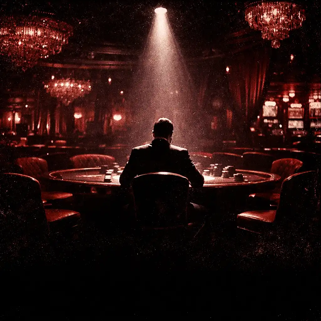 A lone figure sits at a poker table in a moody, luxurious casino interior