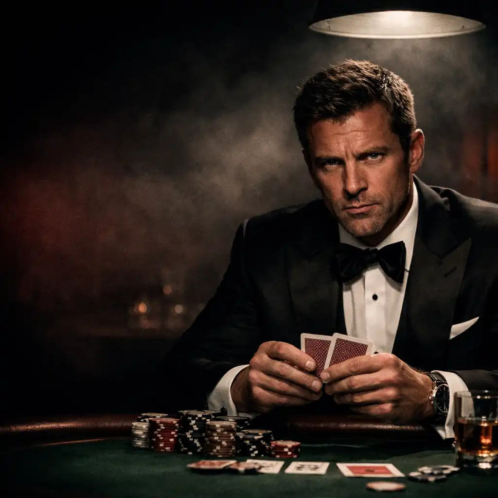 Secret agent in a tuxedo sitting at a high-stakes poker table with intense expression