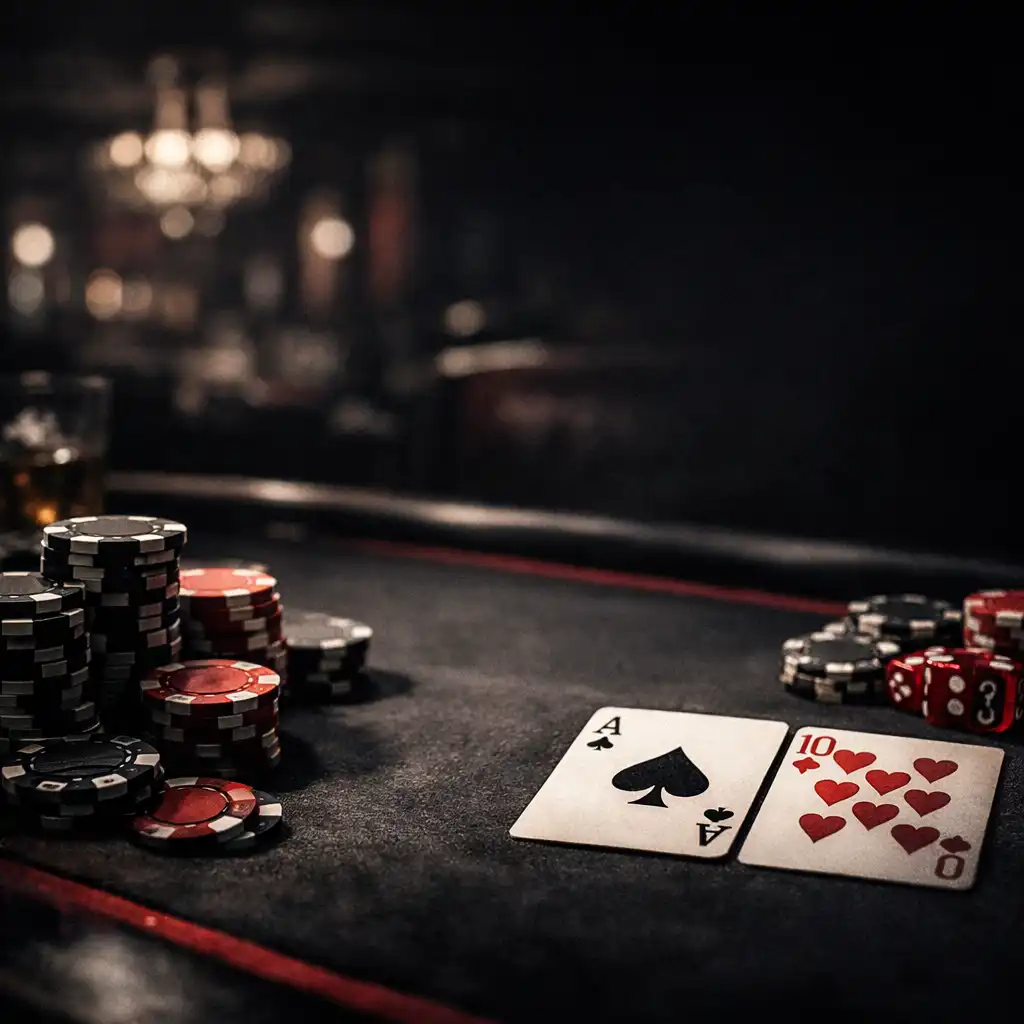 Dramatic close-up of a high-stakes poker table with chips and cards under moody casino lighting