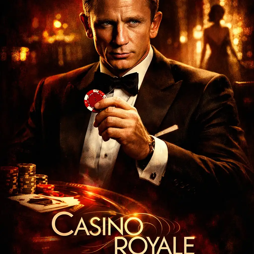 Stylized poster for Casino Royale featuring Daniel Craig as James Bond in a tuxedo holding a poker chip