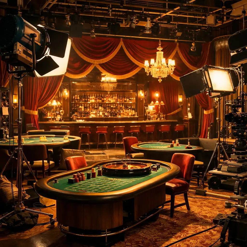 A behind-the-scenes look at a movie set designed as a 1960s casino with velvet drapes and gold accents
