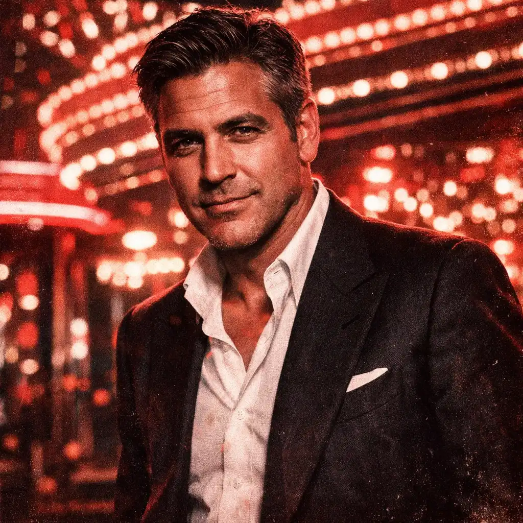 Danny Ocean standing confidently in front of a casino entrance