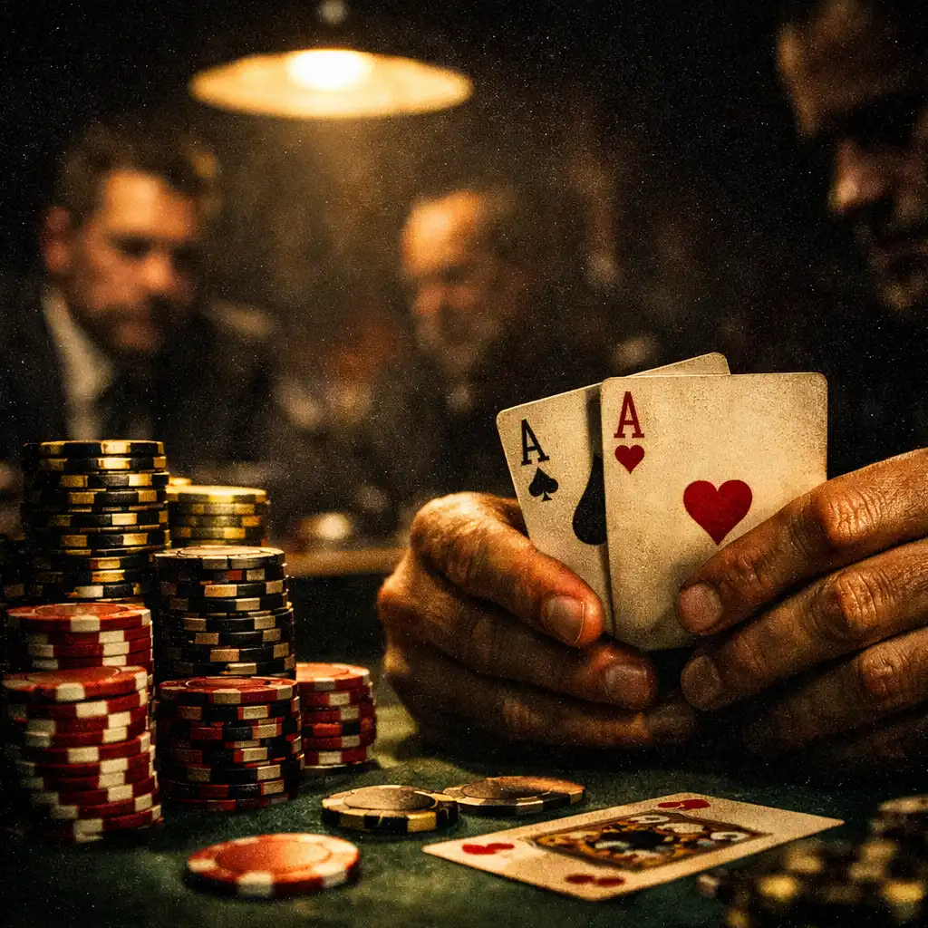 Close-up of a high-stakes poker game with chips and cards under dramatic light