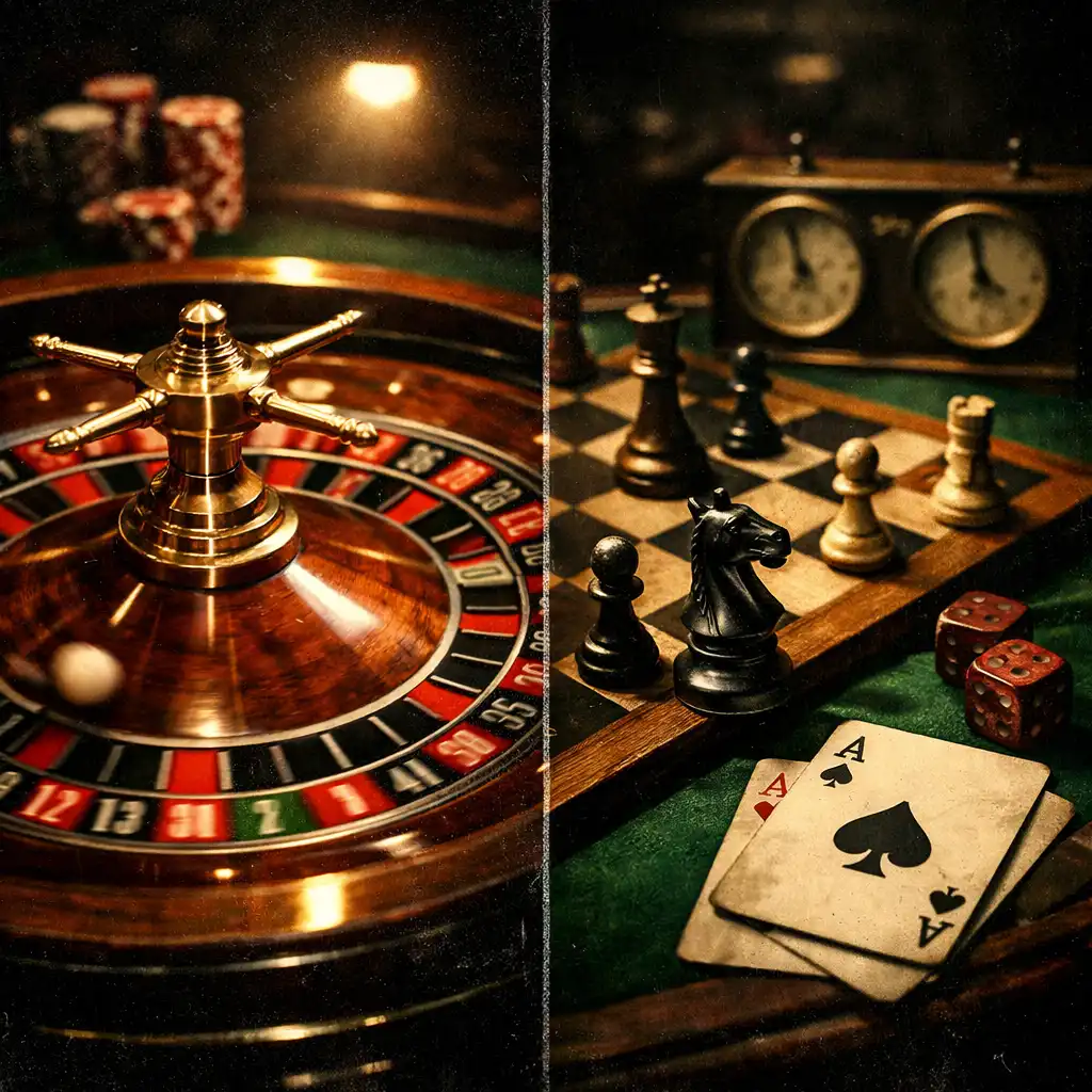Split composition of a roulette wheel and a chessboard with playing cards, symbolising luck versus skill