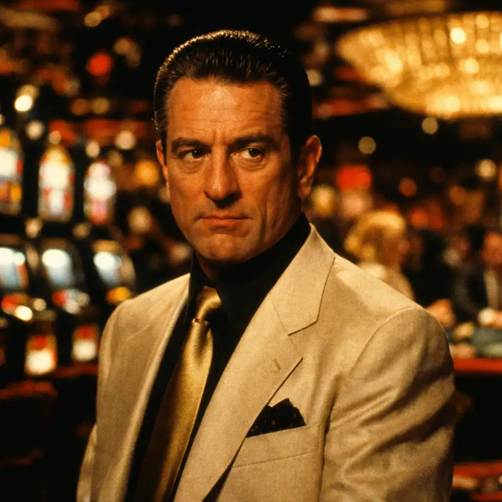 A still from the film Casino showing a character in a lavish casino setting surrounded by slot machines and gaming tables