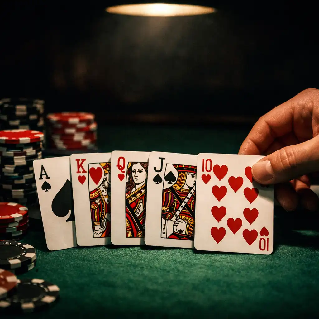 A tense poker hand being dealt on a green felt table in a moody film scene