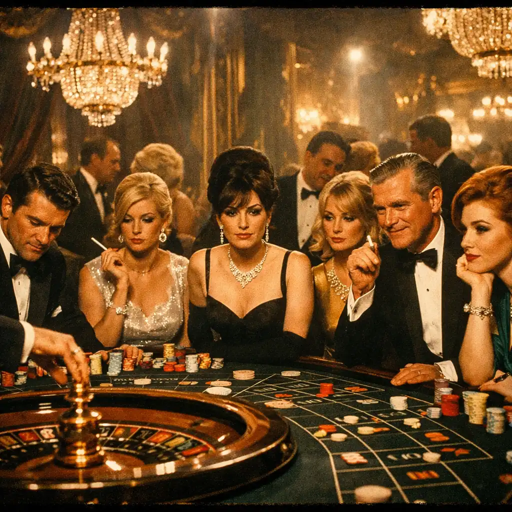 A glamorous casino scene from a classic film with elegantly dressed patrons at a roulette table