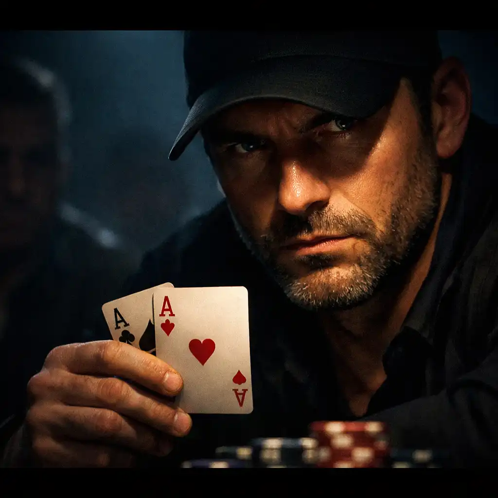 A tense moment in a high-stakes poker game with a player's face partially lit by a table lamp