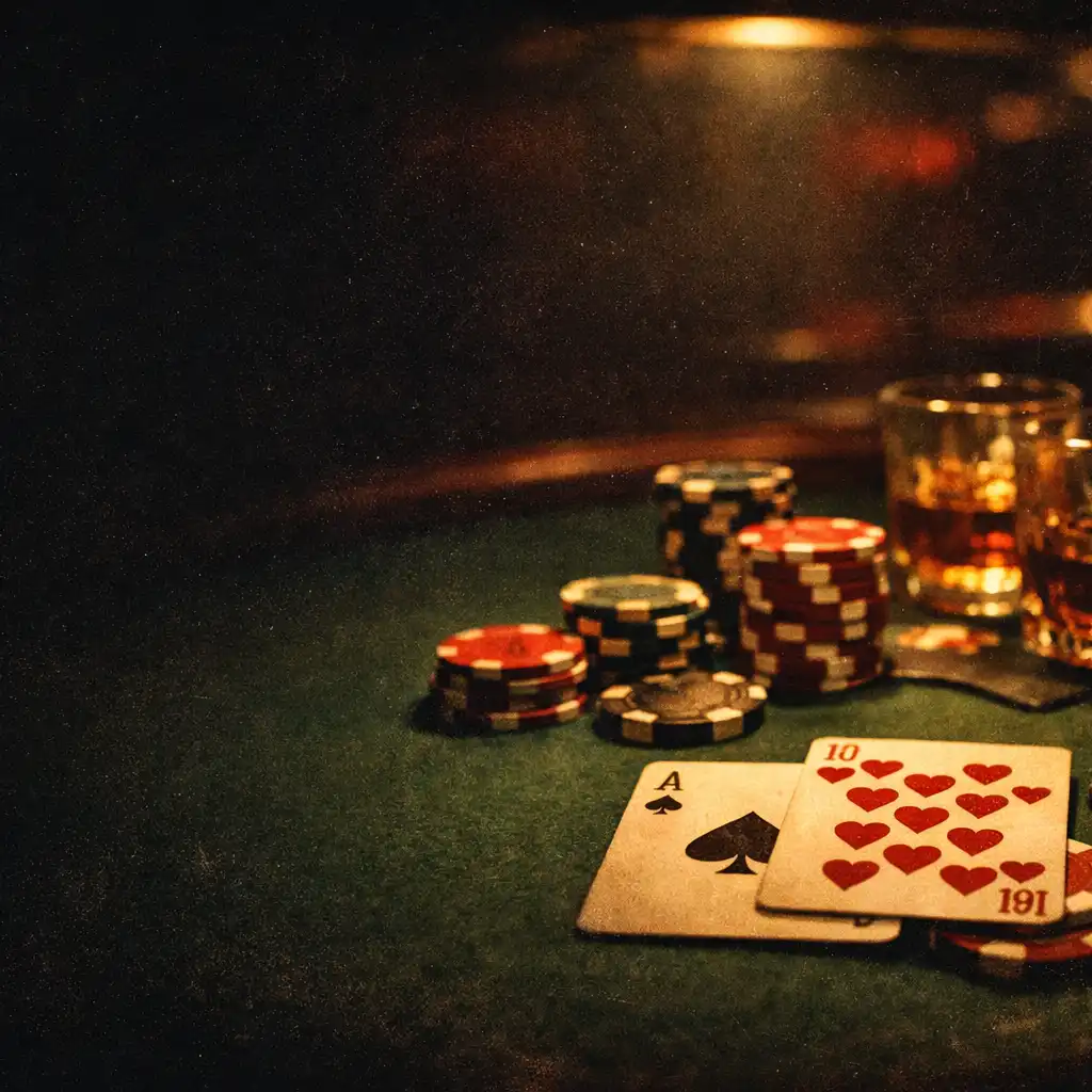 A dramatic close-up of a poker table with chips and cards, lit by soft overhead light with deep shadows and rich crimson and gold tones