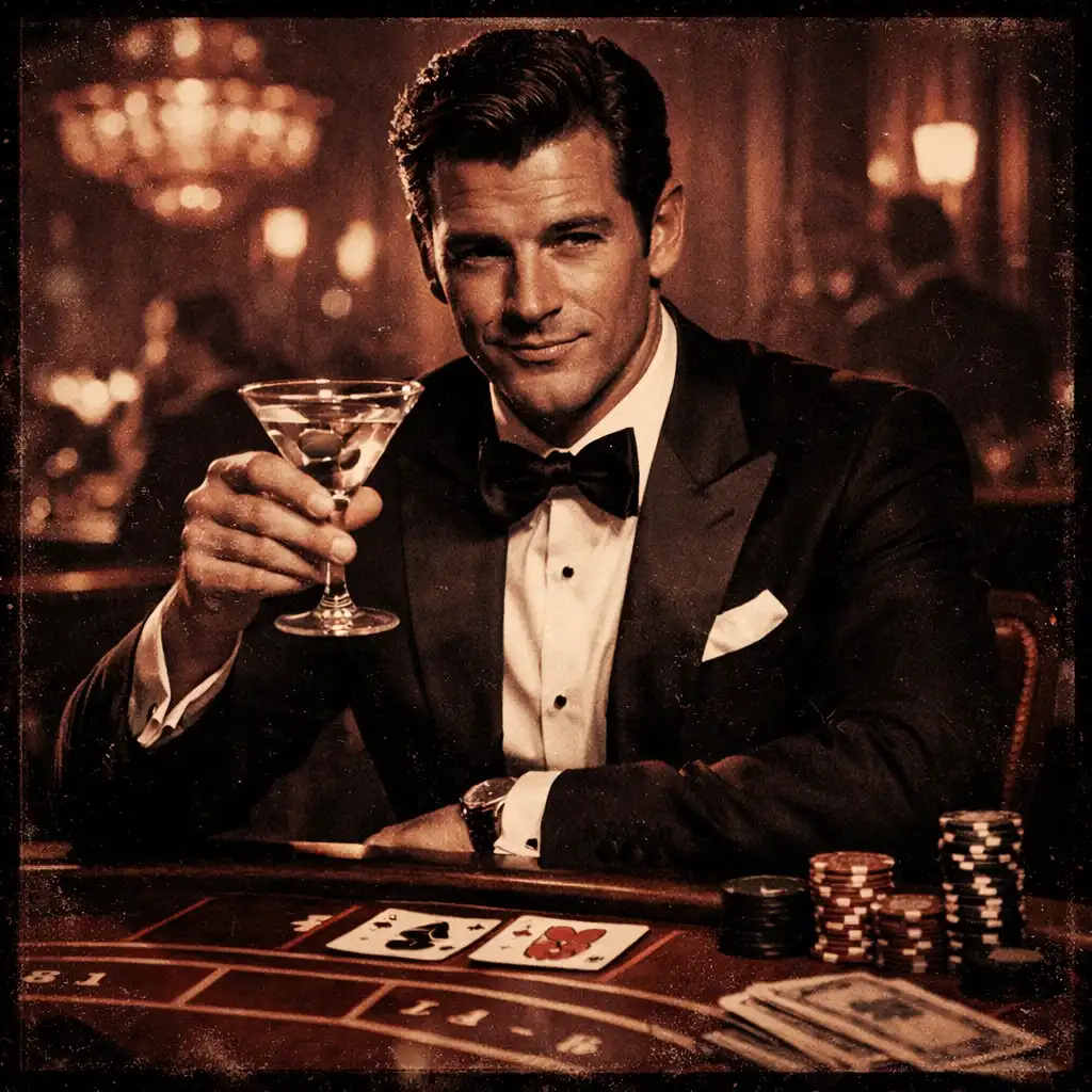 James Bond at a baccarat table in a tuxedo