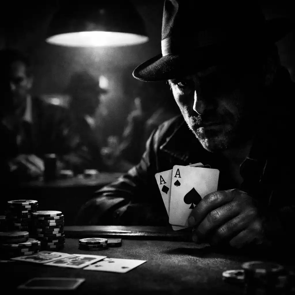 A tense poker game scene with a player's face half in shadow as they reveal their cards