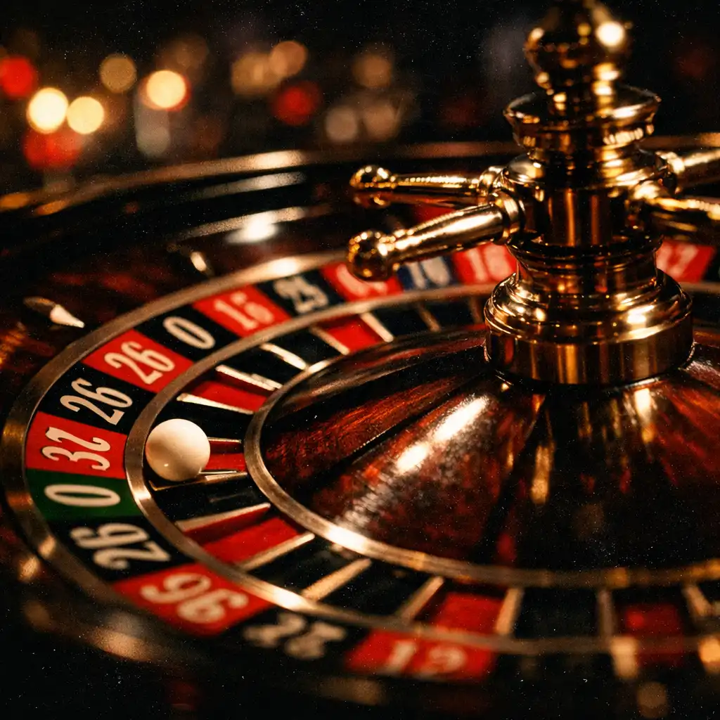 A close-up of a roulette wheel in motion with blurred casino lights behind it