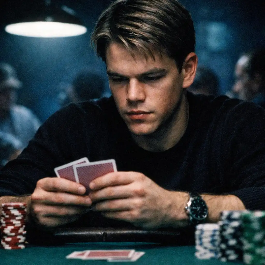 Mike McDermott studying his cards at a poker table in Rounders (1998)