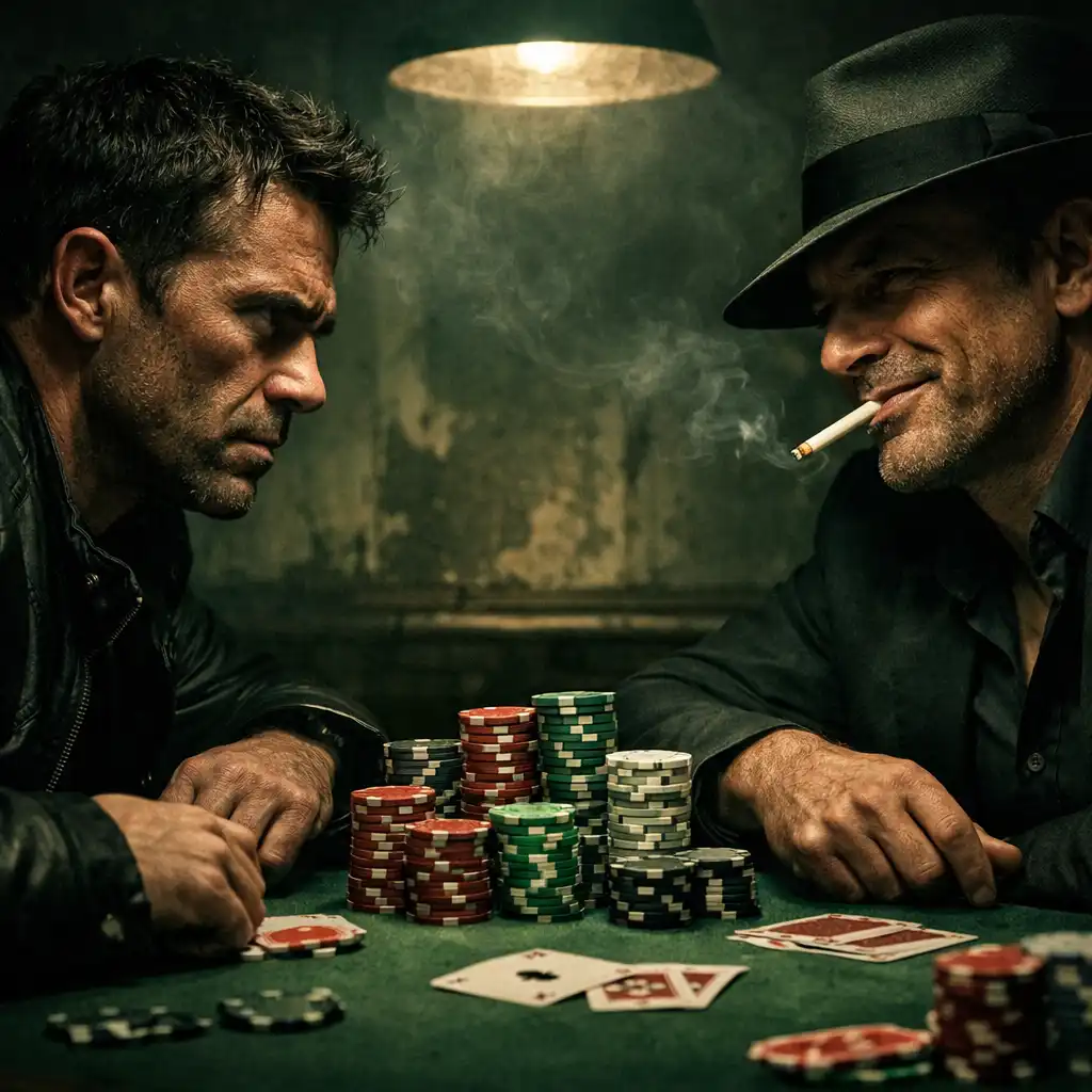 Two men facing off across a dimly lit underground poker table with stacks of chips