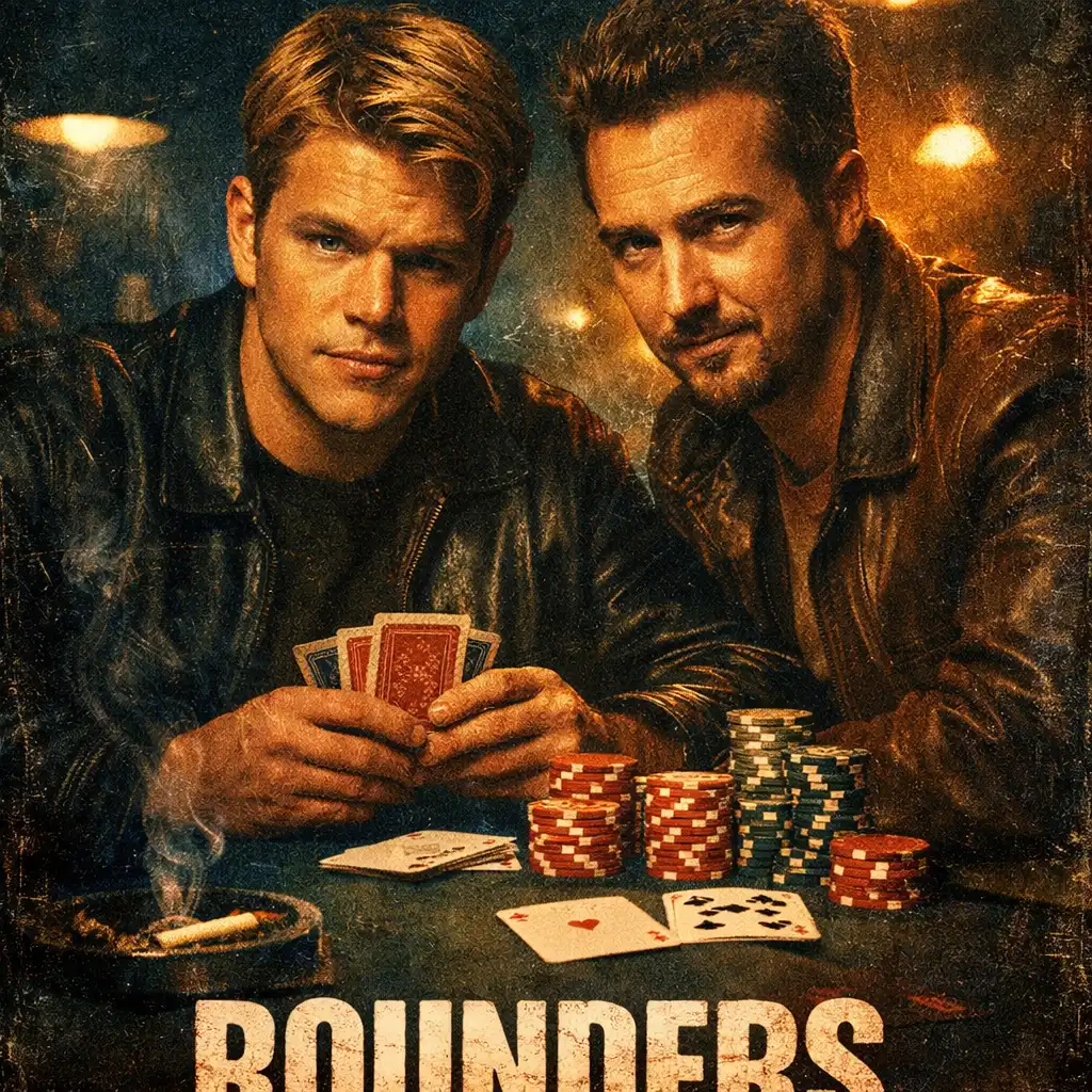 Gritty poster for Rounders showing Matt Damon and Edward Norton in a dimly lit underground poker room