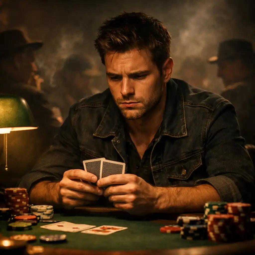 Matt Damon as Mike McDermott looking at his cards with determination
