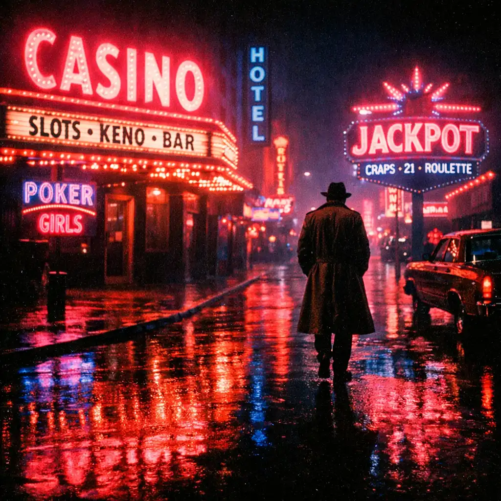 Neon-lit street scene outside a casino at night, reminiscent of Las Vegas in the 1970s