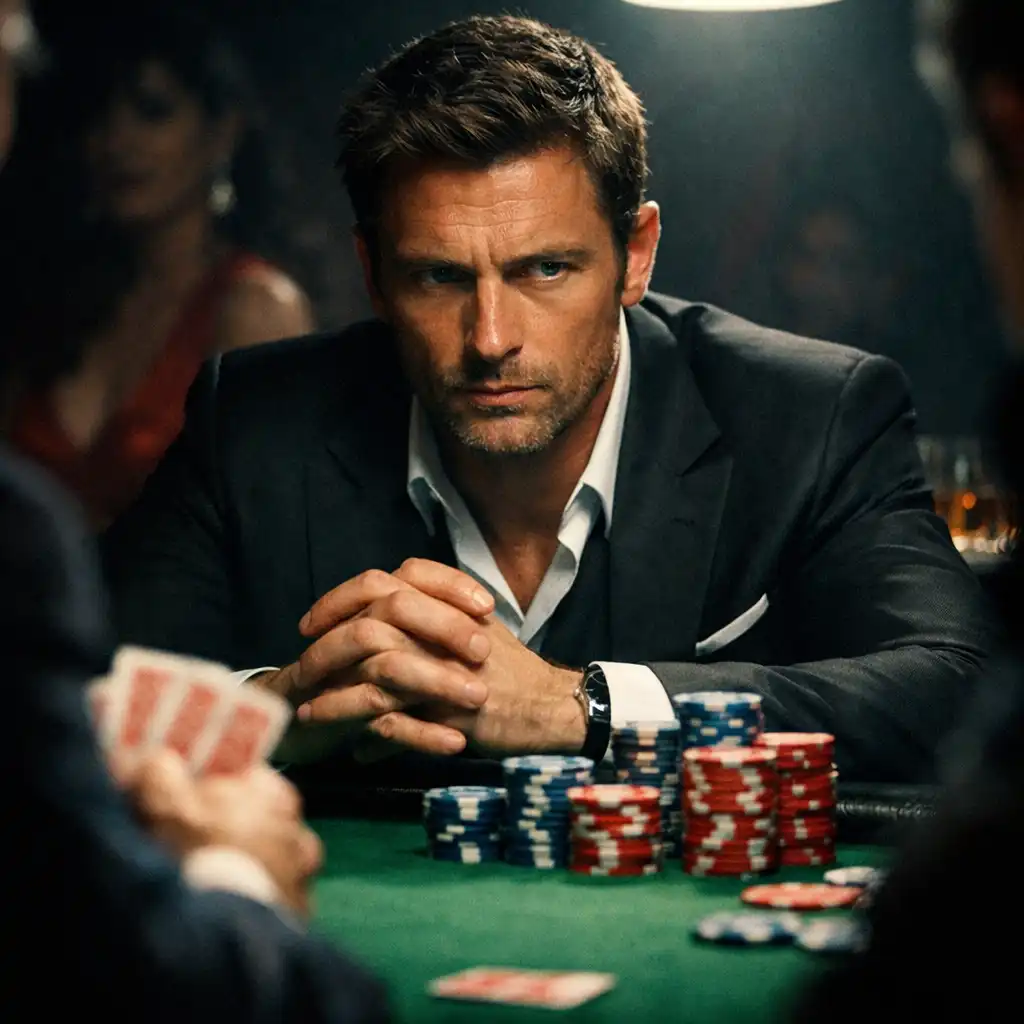 A dramatic still from Casino Royale showing the protagonist's intense gaze during a high-stakes poker game
