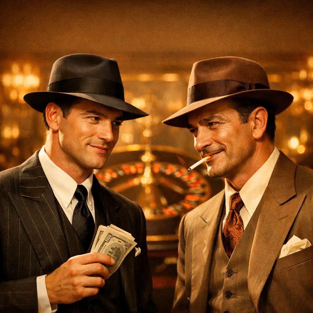 Two con men in fedoras and sharp suits standing in a lavish 1930s casino