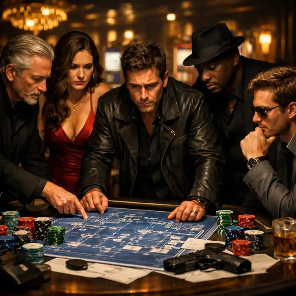 A scene from a heist film set in a casino, showing a group of characters in stylish attire planning around a table with casino chips and blueprints