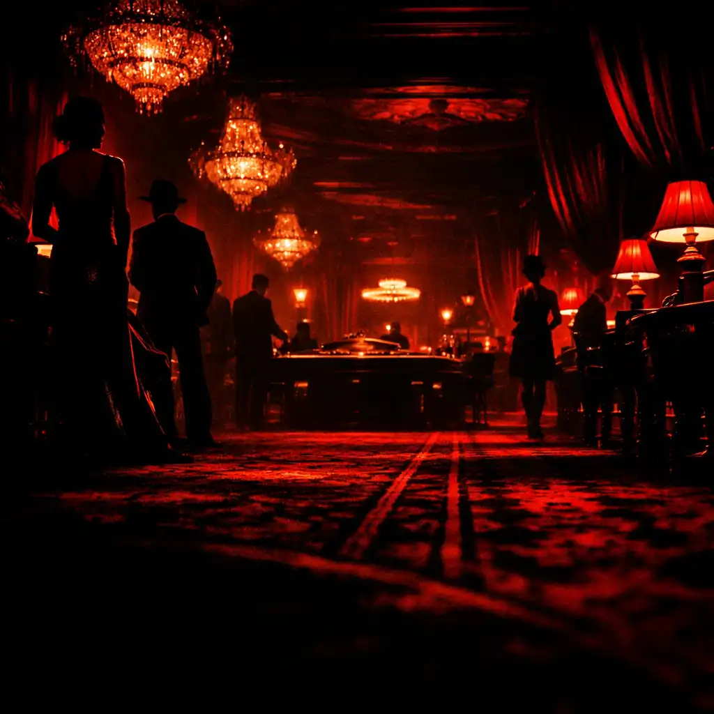 Cinematic wide shot of a luxurious casino interior at night with golden light and crimson accents